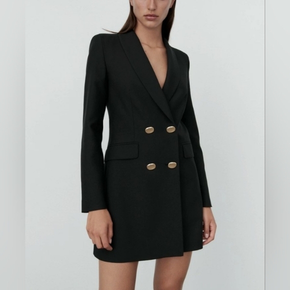 ZARA DOUBLE BREASTED LONG BLAC BLAZER DRESS BLACK SIZE S 8285/642 - Picture 1 of 10